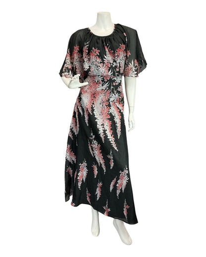 VINTAGE 60s 70s BLACK WHITE RED FLORAL LEAFY SHEER BOHO FOLK MAXI DRESS 8 10