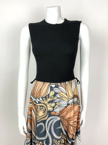 VTG 60s 70s BLACK ORANGE PEACH WHITE PSYCHEDELIC LEAFY FLORAL MAXI DRESS 8