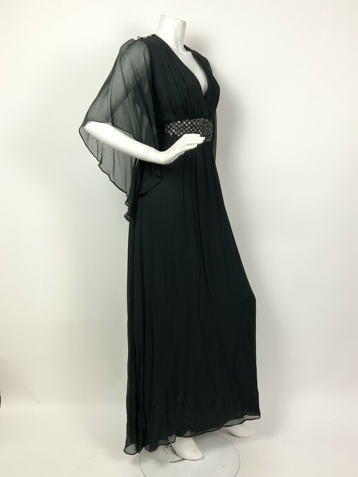 VTG 60s 70s BLACK SILVER BEADED SEQUIN ANGEL WING SHEER PLUNGE MAXI DRESS 8 10