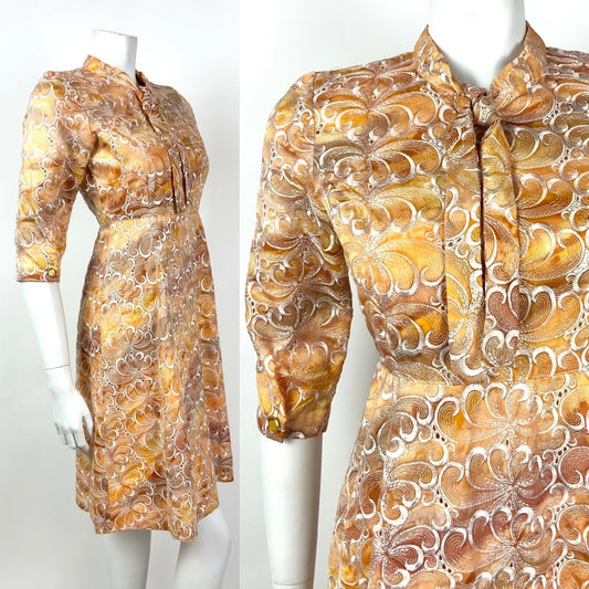 VINTAGE 60s 70s ORANGE BROWN WHITE EMBROIDERED ANGLAISE SWIRL BOW DRESS 8