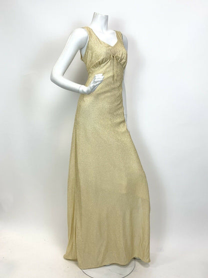 VINTAGE 60s 70s GOLD LUREX GLITTERY STUDIO 54 PARTY SLEEVELESS MAXI DRESS 10