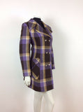 VTG 60s 70s DOUBLE-BREASTED PURPLE CREAM BROWN PLAID CHECK WOOL COAT 12 14 16
