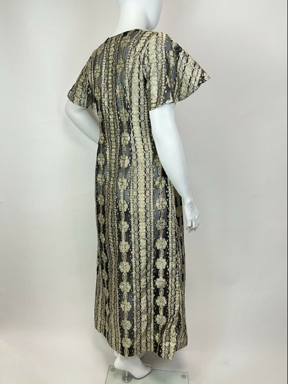 VTG 60s 70s GOLD BLACK LUREX STRIPED FLORAL BELL SLEEVE GLAM MAXI DRESS 20 22