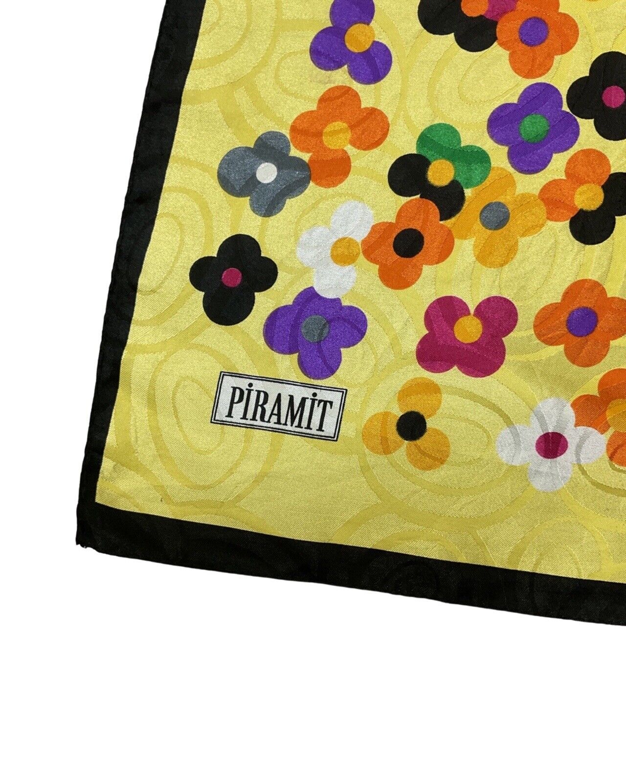 VINTAGE 60s 90s YELLOW BLACK PURPLE DAISY FLOWER MOD PIRAMIT SQUARE SCARF