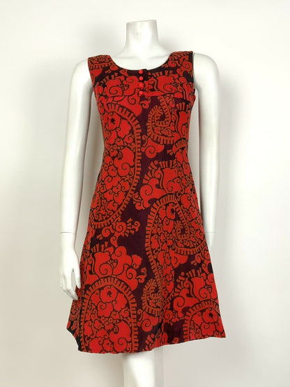 VINTAGE 60s 70s RED BLUE FLORAL PAISLEY EMPIRE LINE SLEEVELESS MOD DRESS 6 8