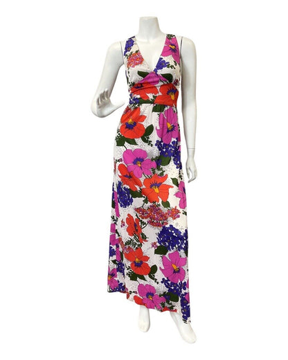 VINTAGE 60s 70s WHITE RED PURPLE FLORAL POPPY SLEEVELESS MAXI DRESS 10 12