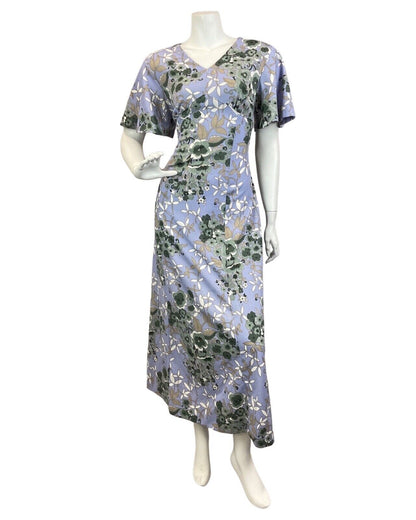 VINTAGE 60s 70s PURPLE GREEN FLORAL BELL SLEEVE MAXI DRESS 12