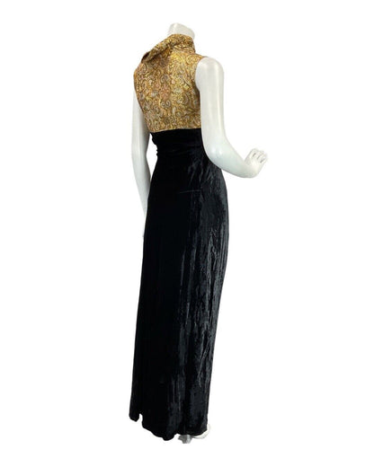 VINTAGE 60s 70s BLACK GOLD PSYCHEDELIC FLORAL VELVET MOD EMPIRE MAXI DRESS 12 14