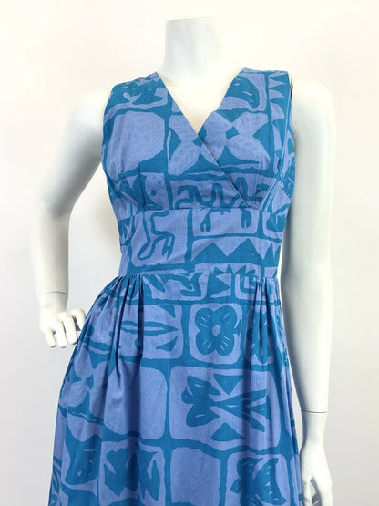 VINTAGE 60s 70s BLUE PURPLE GEOMETRIC AZTEC FLORAL FOLK SLEEVELESS MAXI DRESS 8