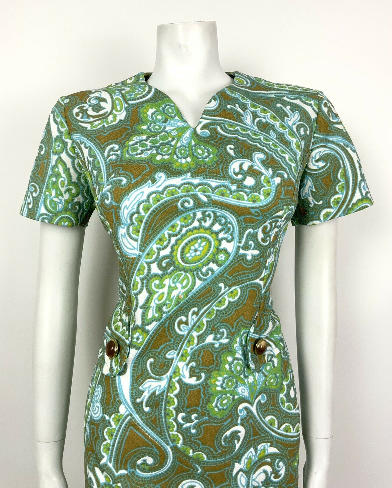 VINTAGE 60s 70s BLUE GREEN BROWN WHITE FLORAL PSYCHEDELIC PAISLEY DRESS 12 14