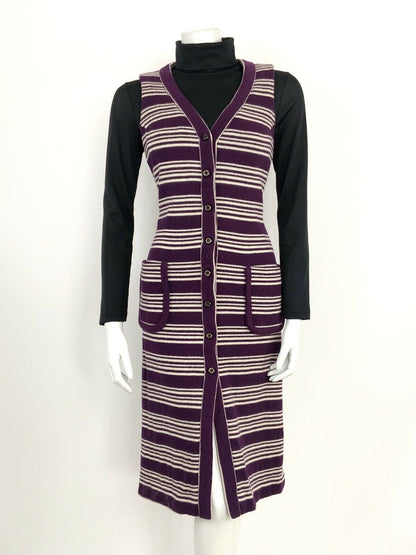 VTG 60s 70s MOD PURPLE WHITE STRIPED SLEEVELESS WOOL VEST DRESS WAISTCOAT 8 10