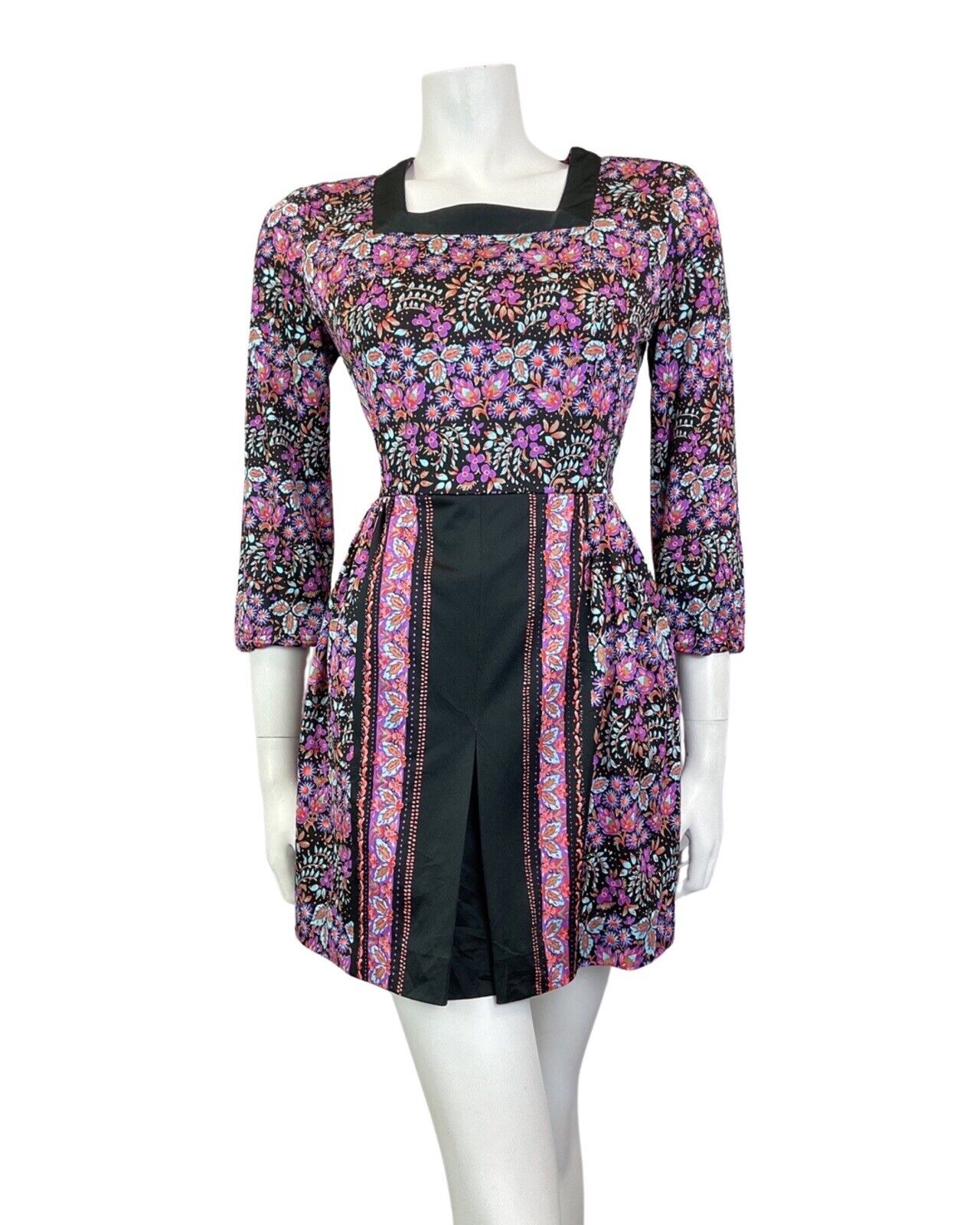 VINTAGE 60s 70s PURPLE BLUE BLACK FLORAL BOHO FOLK SUMMER MINI DRESS 10