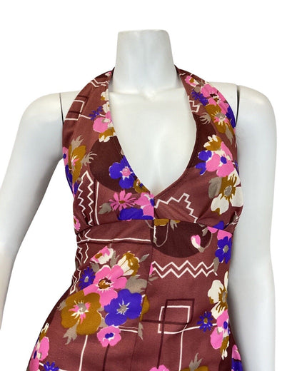 VINTAGE 60s 70s BROWN PINK PURPLE FLORAL GEOMETRIC MOD HALTER MAXI DRESS 10 12