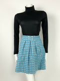 VTG 60s 70s BABY BLUE WHITE DIAMOND CHECKERBOARD GEOMETRIC PLEATED MOD SKIRT 8