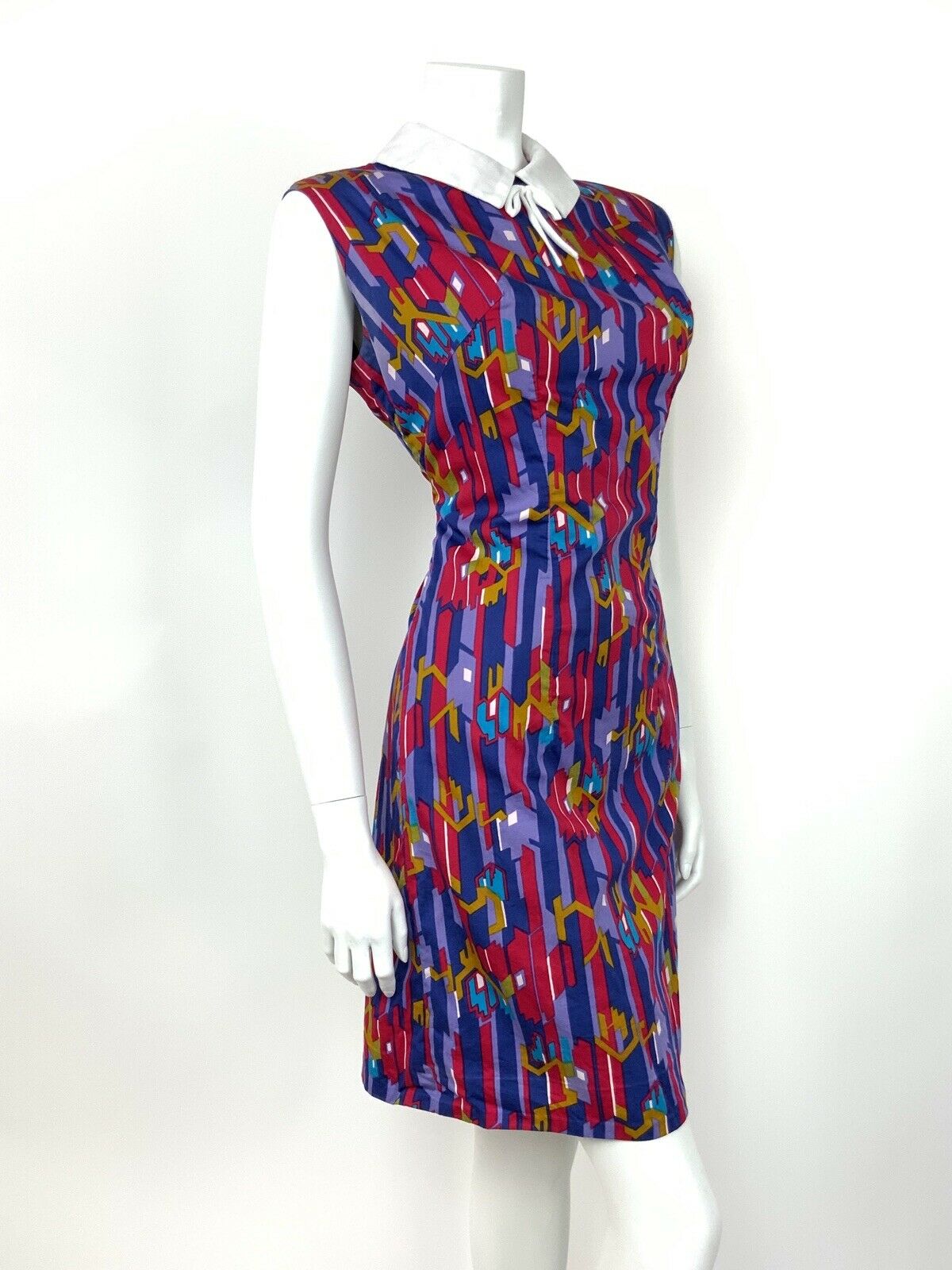 VINTAGE 60s 70s ABSTRACT SHIFT DRESS RED PURPLE BLUE GOLD WHITE COLLAR 14