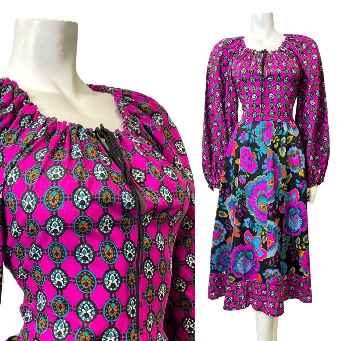 VINTAGE 60s 70s PURPLE BLACK BLUE PSYCHEDELIC FLORAL BOHO PRAIRIE MIDI DRESS 12