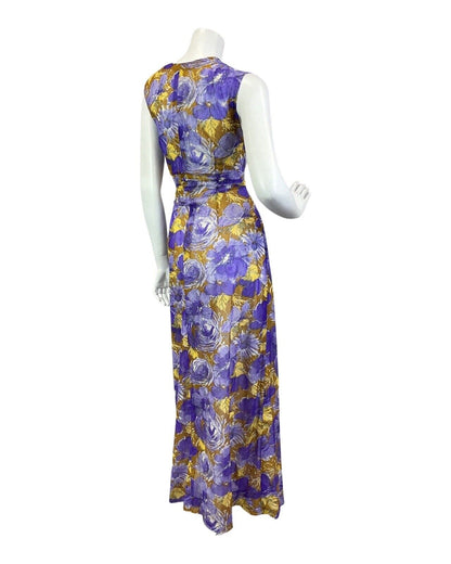 VINTAGE 60s 70s PURPLE YELLOW BROWN PSYCHEDELIC FLORAL SLEEVELESS MAXI DRESS 14