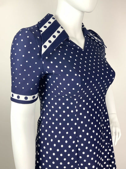 VINTAGE 60s 70s NAVY BLUE WHITE POLKA DOT DAGGER WING COLLAR FLARED DRESS 16