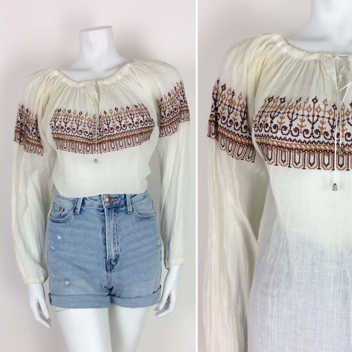 VINTAGE 60s 70s ETHNIC PEASANT TOP WHITE CREAM RED BROWN HIPPY 12 14