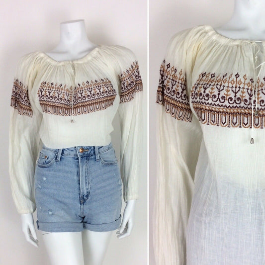 VINTAGE 60s 70s ETHNIC PEASANT TOP WHITE CREAM RED BROWN HIPPY 12 14