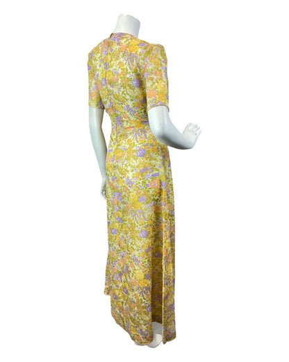 VINTAGE 60s 70s YELLOW GREEN LILAC GARDEN FLORAL DITSY SWEETHEART MAXI DRESS 10