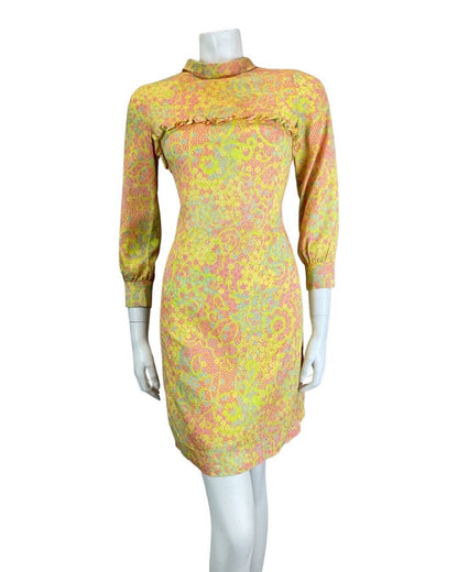 VINTAGE 60s 70s GREEN PINK BLUE PSYCHEDELIC FLORAL MOD MINI SHIFT DRESS 8