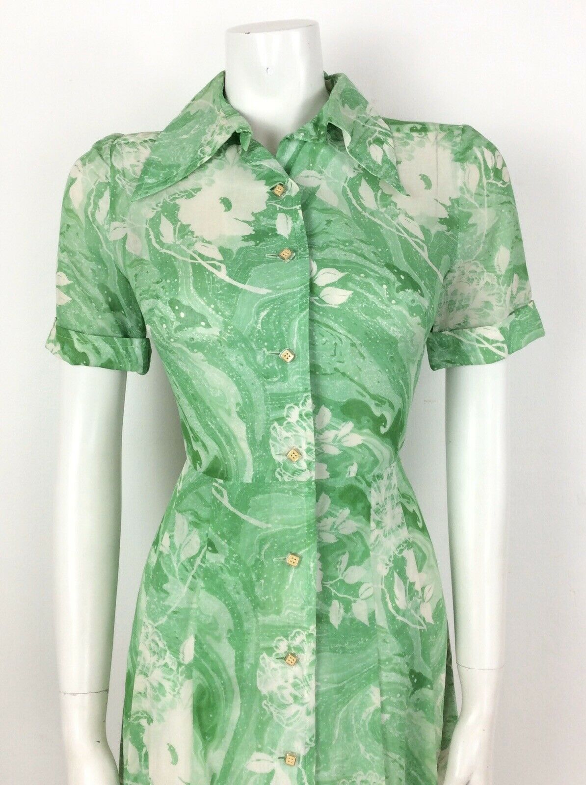 VINTAGE 60s 70s GREEN WHITE SWIRL PSYCHEDELIC SHIRT TEA DRESS 10 12