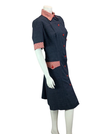 VINTAGE 60s 70s BLUE DENIM RED GINGHAM BUTTON DOWN MIDI SHIRT DRESS 14