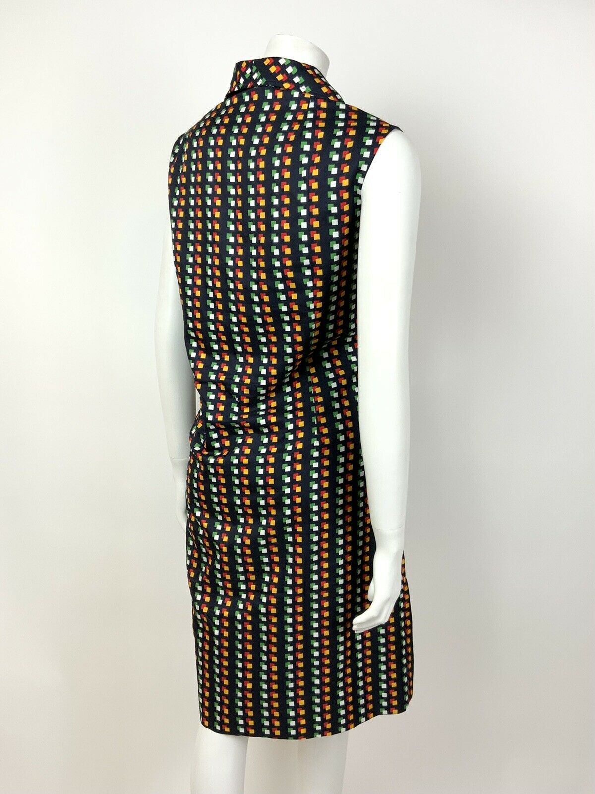 VTG 60s 70s BLACK GREEN RED WHITE YELLOW GEOMETRIC WING COLLAR SHIRT DRESS 14 16