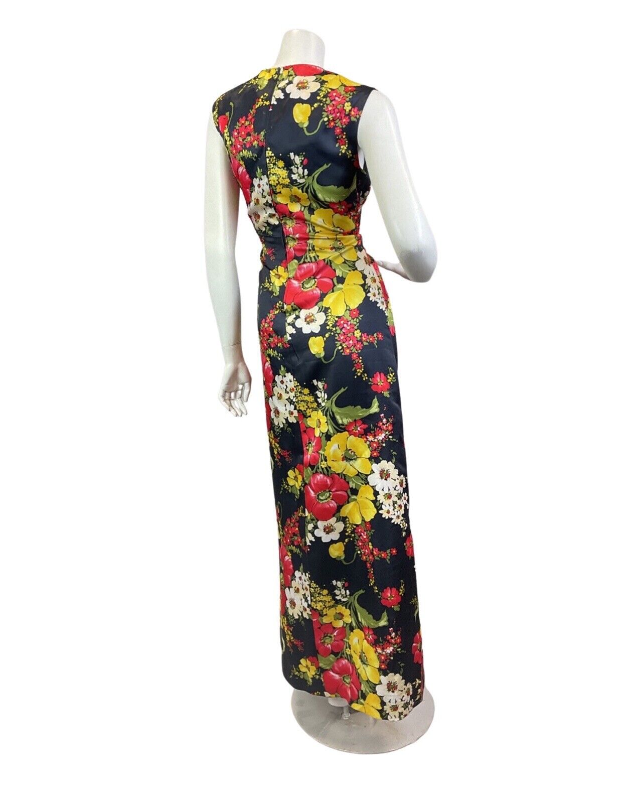 VINTAGE 60s 70s BLACK RED YELLOW PSYCHEDELIC FLORAL SLEEVELESS MAXI DRESS 10 12