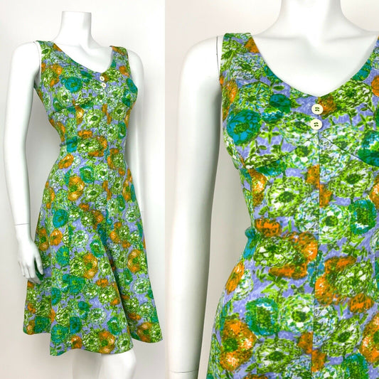 VTG 60s 70s GREEN EMPIRE LINE SUN DRESS BLUE PURPLE ORANGE FLORAL DITSY 12 14