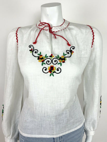 VTG 70s ETHNIC WHITE BLACK RED YELLOW GREEN EMBROIDERED FLORAL TOP GYPSY 10 12