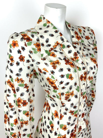 VINTAGE 60s 70s WHITE ORANGE GREEN FLORAL BEETLE DAGGER SHIRT DRESS 14 16