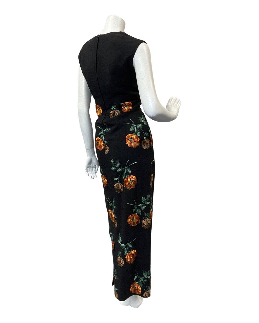 VINTAGE 60s 70s BLACK ORANGE GREEN FLORAL EMBROIDERED SLEEVELESS MAXI DRESS `14