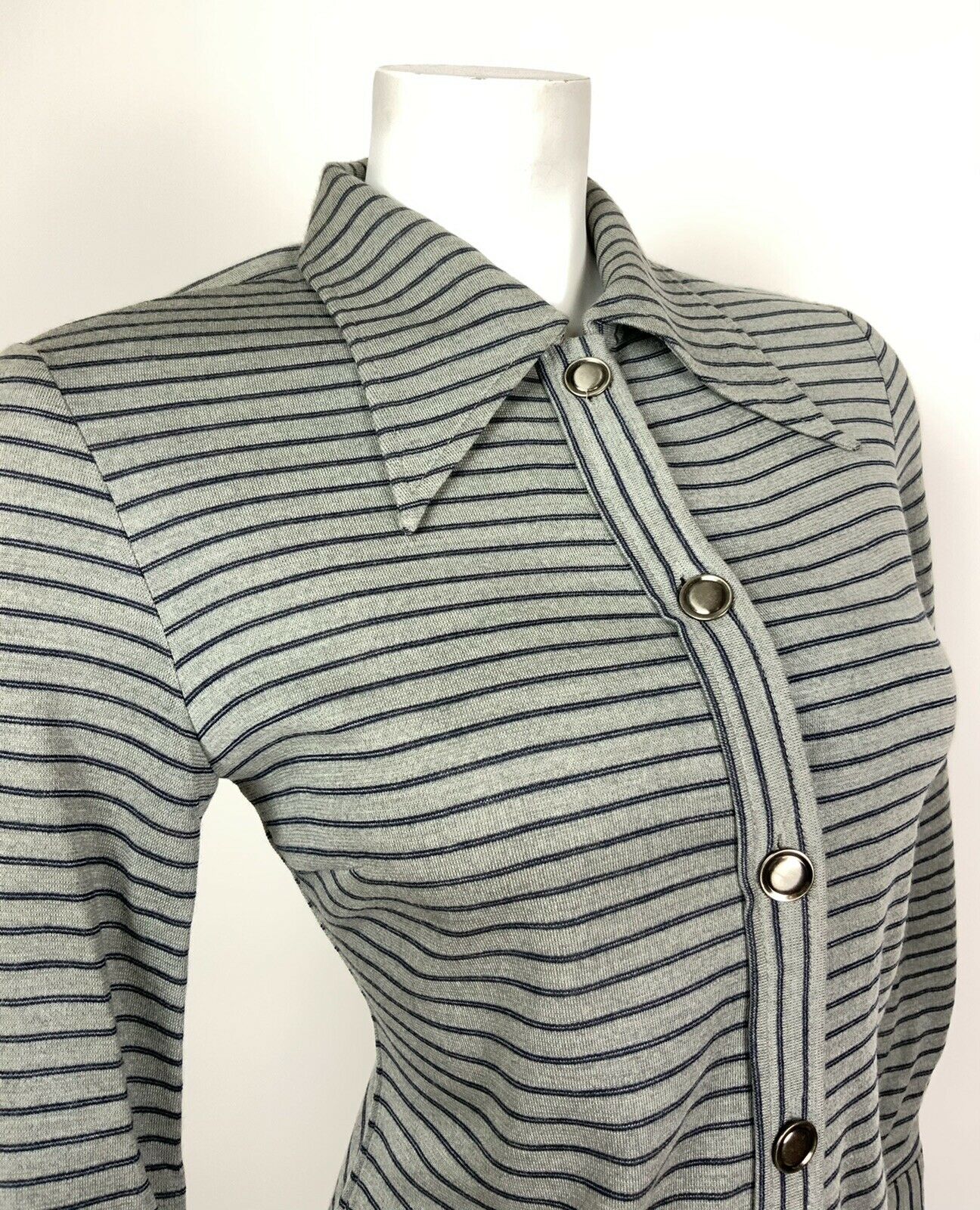 VINTAGE 60s 70s GREY BLUE STRIPED DAGGER COLLAR MOD SHIFT SCOOTER DRESS 8 10