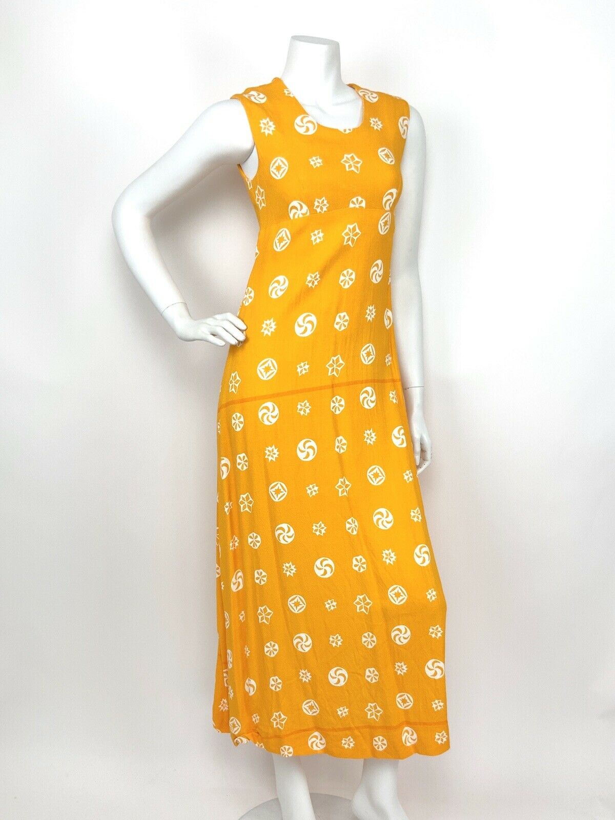 VINTAGE 60s 70s YELLOW ORANGE WHITE ABSTRACT STAR CIRCLE PINWHEEL MAXI DRESS 8