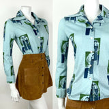 VTG 60s 70s DENIM BLUE GREEN ART DECO 20S FIGURE DOVE VINE DAGGER BLOUSE 10 12