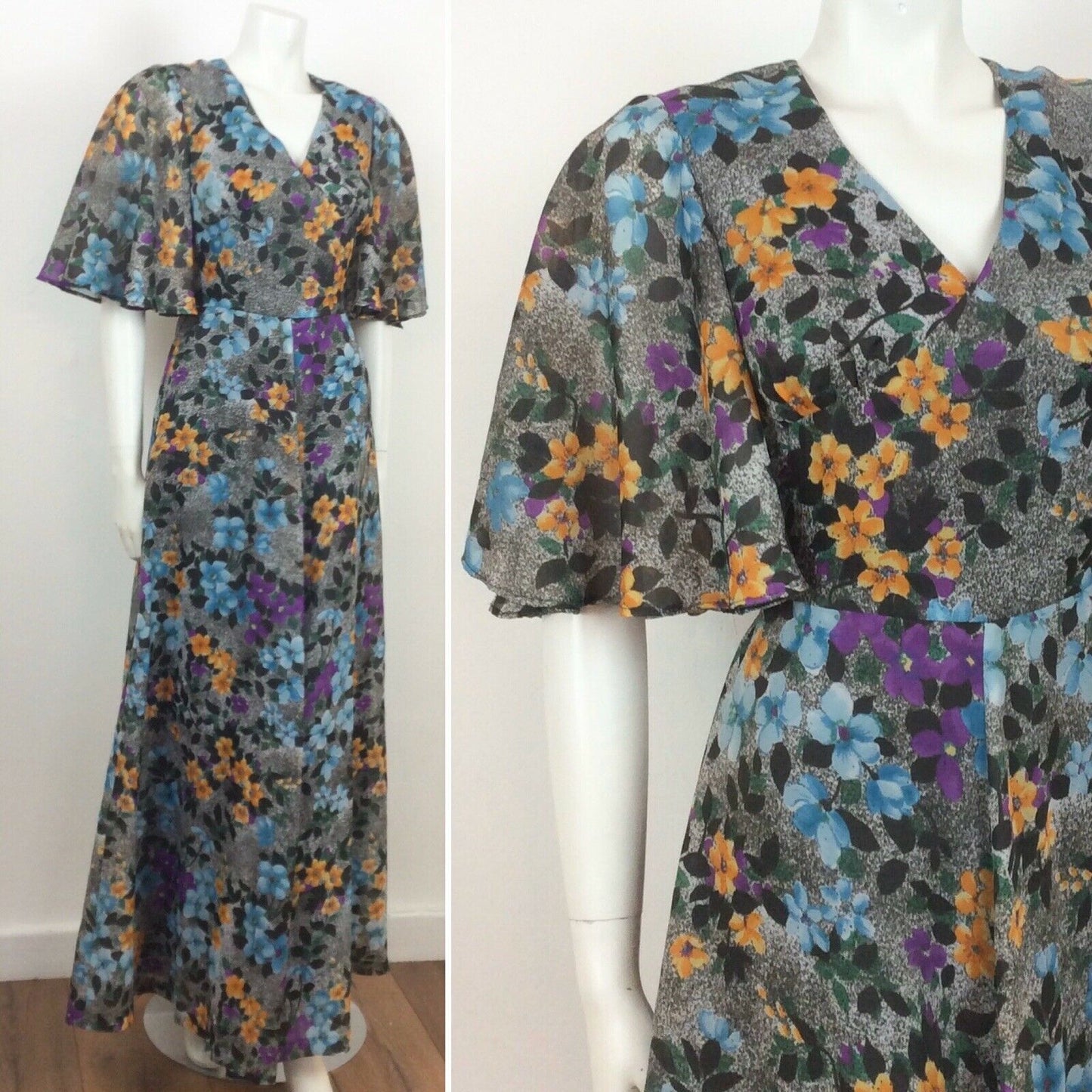 70S VINTAGE GREY GREEN BLUE PURPLE YELLOW FLOWER MAXI DRESS 10