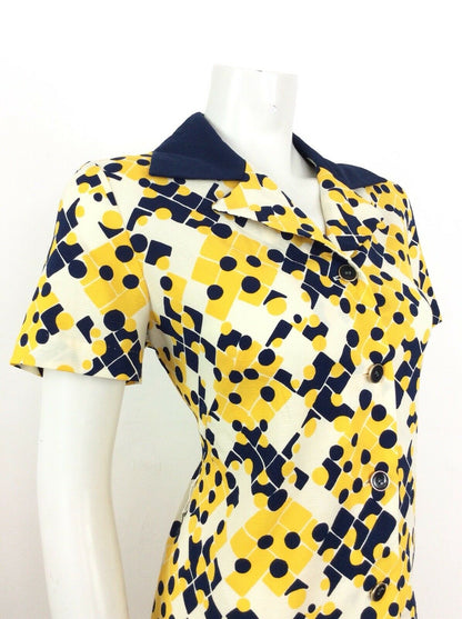 VINTAGE 60s 70s SHIRT DRESS GEOMETRIC ABSTRACT BLUE YELLOW CREAM WHITE 14 16