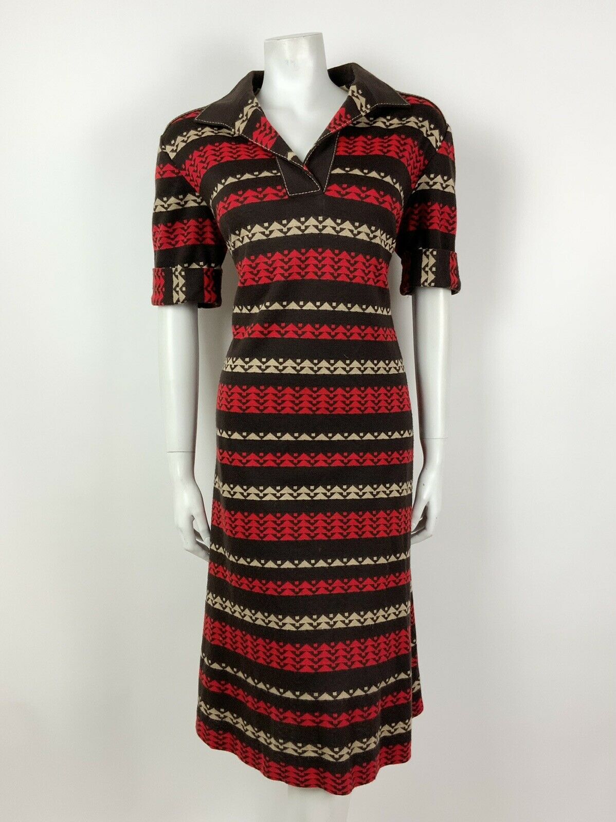 VINTAGE 60s 70s MOD BROWN RED BEIGE STRIPED SHIRT DRESS 14 16