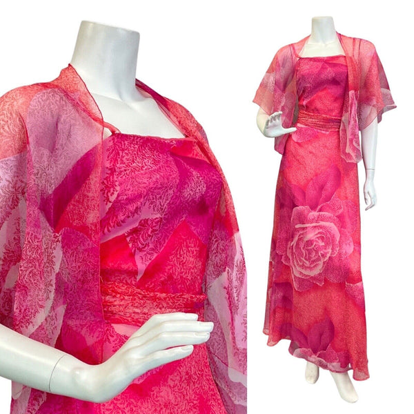 VINTAGE 60s 70s PINK RED WHITE PSYCHEDELIC FLORAL ROSE SHAWL MAXI DRESS 8 10