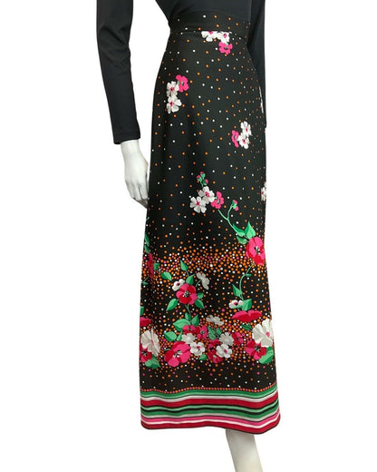 VINTAGE 60s 70s BLACK PINK ORANGE FLORAL DOTTY FOLK MOD MAXI SKIRT 8 10