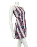 VINTAGE 60s 70s WHITE RED BLUE STRIPED POLKA-DOT DAISY SLEEVELESS MOD DRESS 6