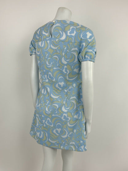 VINTAGE 60s 70s BLUE WHITE BEIGE SWIRL FLORAL KEYHOLE YOKE DRESS 10 12