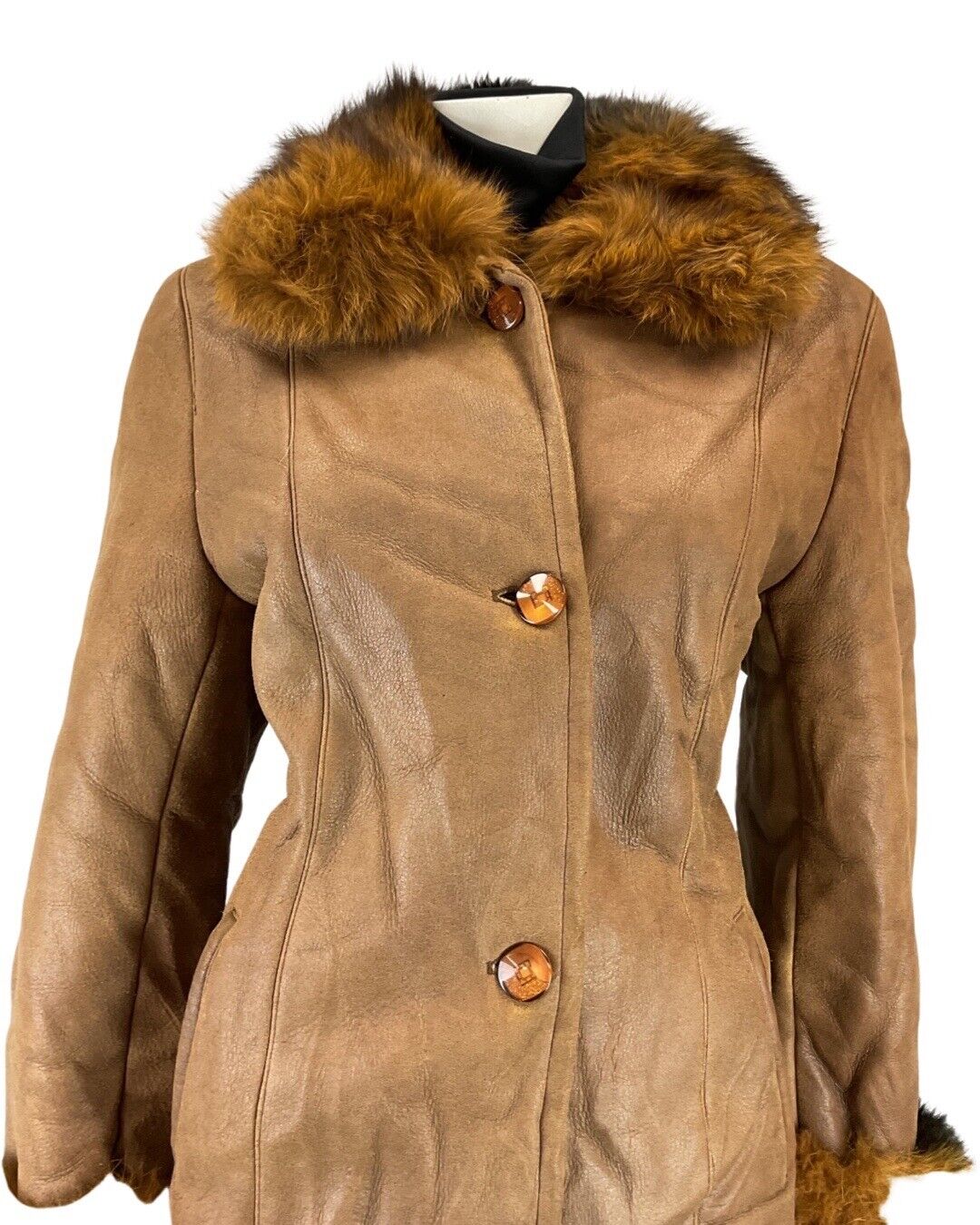 VINTAGE 70s 80s ORANGE BROWN FUR COLLAR MOD BOHO LEATHER COAT 14 16