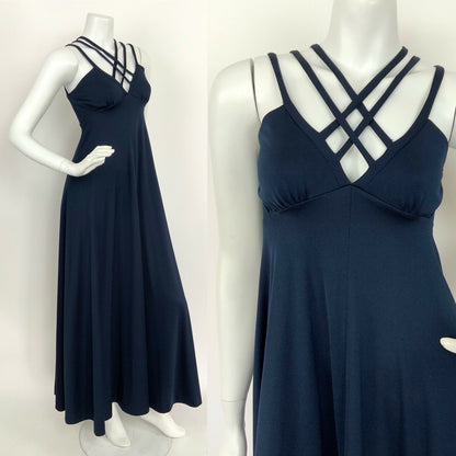 VINTAGE 70s NAVY BLUE STRAPPY CROSS HATCH ELEGANT STUDIO MAXI DRESS 6