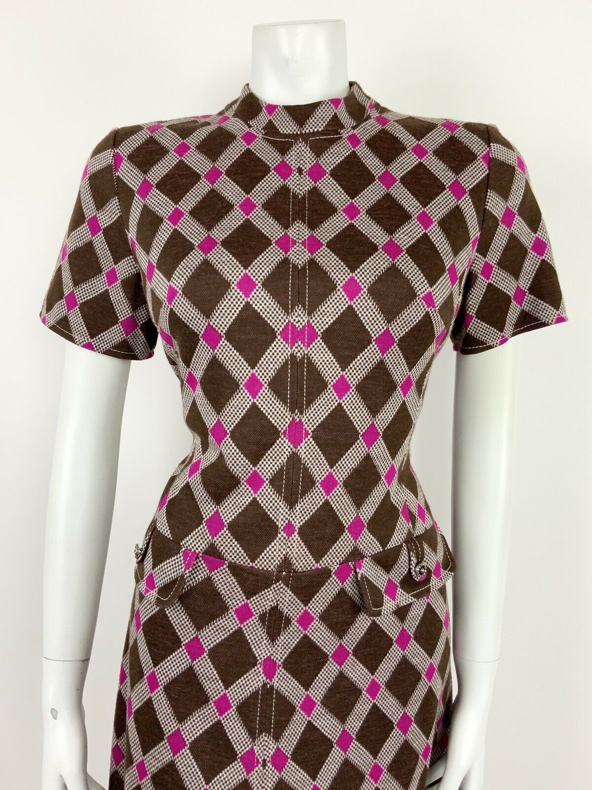 VTG 60s 70s MOD BROWN WHITE PINK DIAMOND CHECKERED GEOMETRIC DRESS 10 12