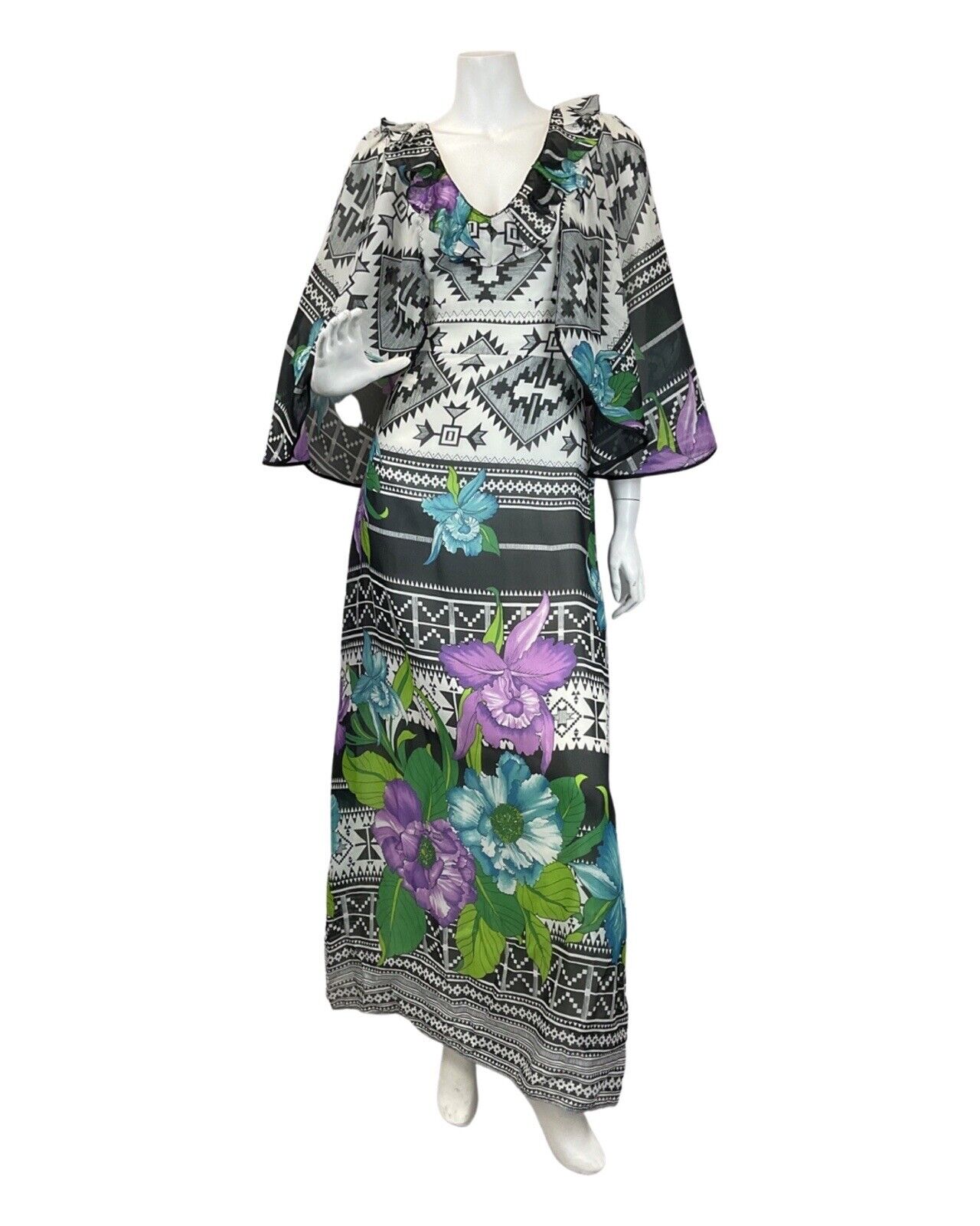 VTG 60s 70s WHITE BLACK PURPLE BLUE GEOMETRIC AZTEC FLORAL CAPED MAXI DRESS 10