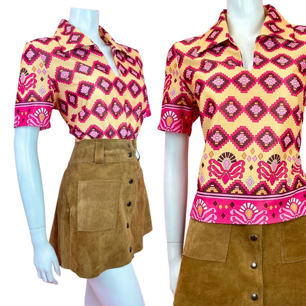 VINTAGE 60s 70s YELLOW PINK BROWN GEOMETRIC AZTEC MOD CROPPED BLOUSE 14 16