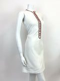 VINTAGE 60s 70s WHITE RED GREEN BUTTON BIB FRONT MOD SCOOTER SHIFT DRESS 6 8